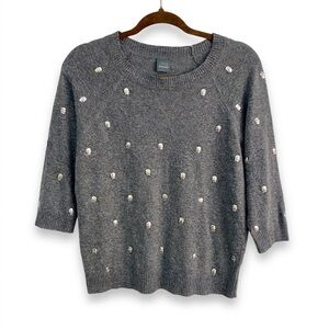 GRAY Saks Fifth Avenue Skull Studded Knit Sweater Grey Small 3/4 Sleeve Edgy